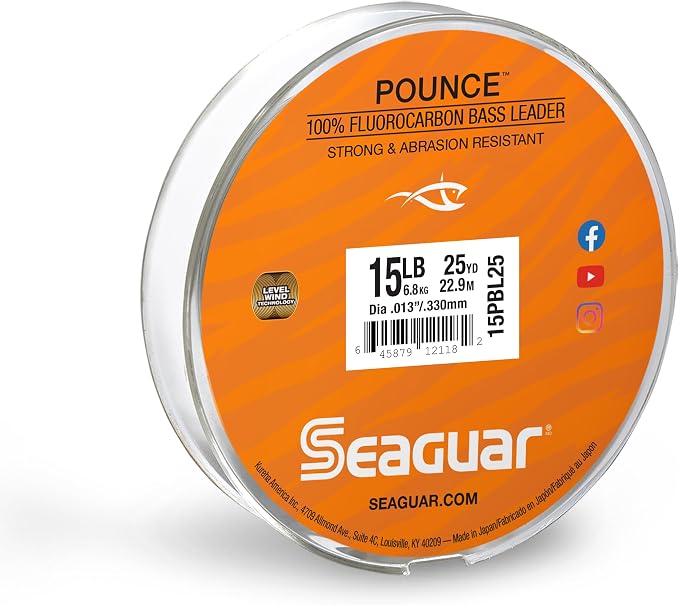 Seaguar Pounce Bass Fishing Leader Line, Freshwater, 100% Fluorocarbon, 25yd Spool, Clear, Multiple Sizes