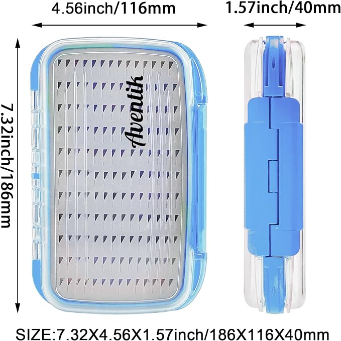 Aventik Waterproof Clear Fly Box Double Sides Floating Lightweight Fly Fishing Case Large Capacity Grip Foam Nymph Wet Dry Flies Lure Box(H18 Blue, SIZE C:7.32X4.56X1.57inch)