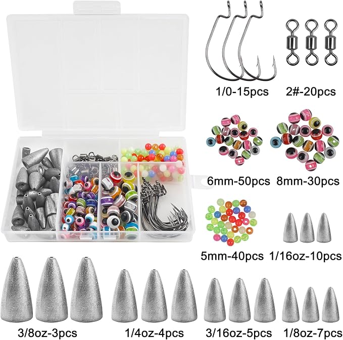 Texas and Carolina Rigs for Bass Fishing Worm Weights Bullet Sinkers Hooks Beads Rolling Barrel Swivels Fishing Accessories Tackle Kit 184pcs