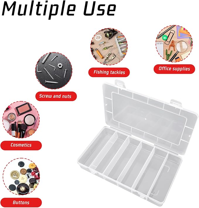 Styquenzer 2 Pack Tackle Box Organizer 6 Grids, Clear Plastic Fishing Tackle Box, Compartment Storage Box, Craft Organizer for Lure Bait Hooks Storage Screws Nail Pins(8.18×4.64×1.29inch)