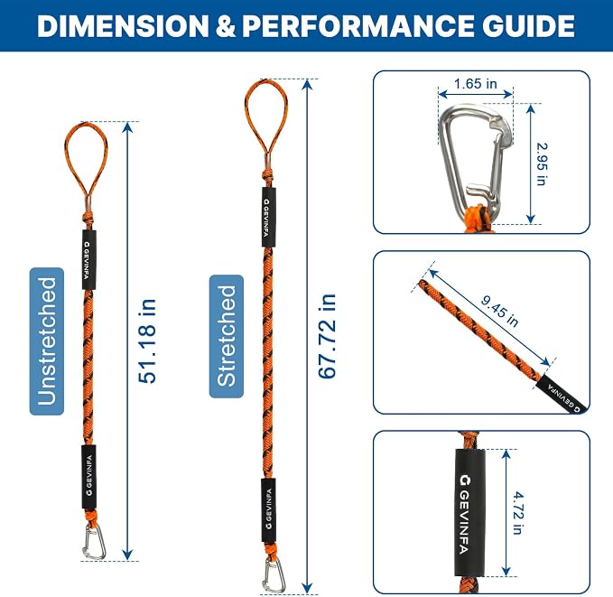 Bungee Dock Lines for Boats 4.3 Ft Stretch to 5.6 Ft, 2 Pack Marine Grade Bungee Cords with 316 SS Clips and EVA Floating Sleeve for Jet Ski Kayak Pontoon Boat Accessories (Orange+Black)