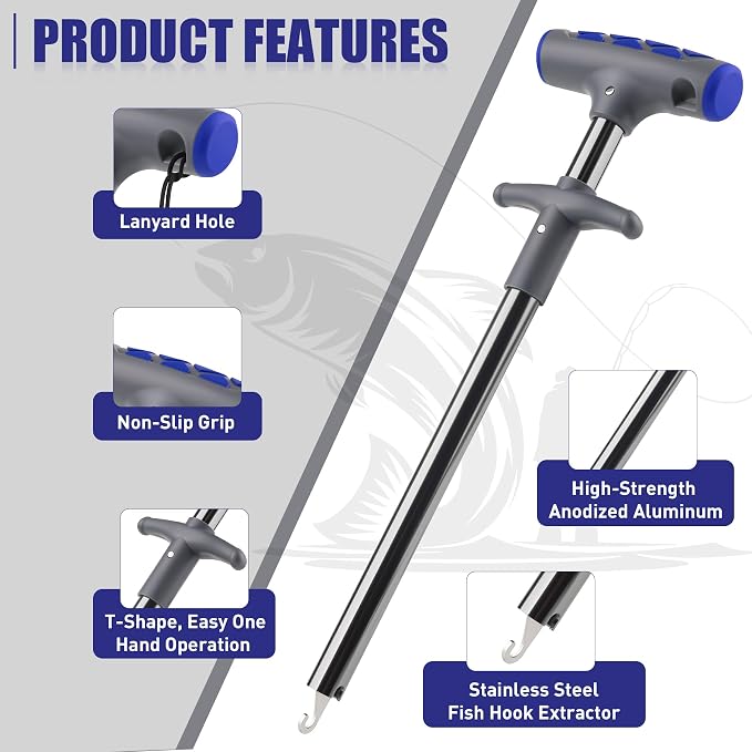 Booms Fishing Hook Remover Tool: 9.6" Squeeze-Out Fish Dehooker for Saltwater and Freshwater, Quick Release Aluminium Fish Hook Extractor with Lanyard, Fishing Tools for Men, XW20