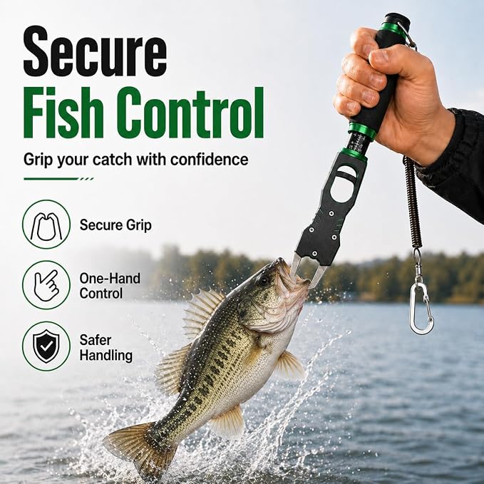 XKCZ 2-in-1 Fish Gripper with Scale, 40lb Fish Lip Gripper, One-Hand Fish Grabber with 360° Swivel, CNC-Machined Aluminum Fishing Gripper Tool with Lanyard for Bass, Saltwater Freshwater Fishing