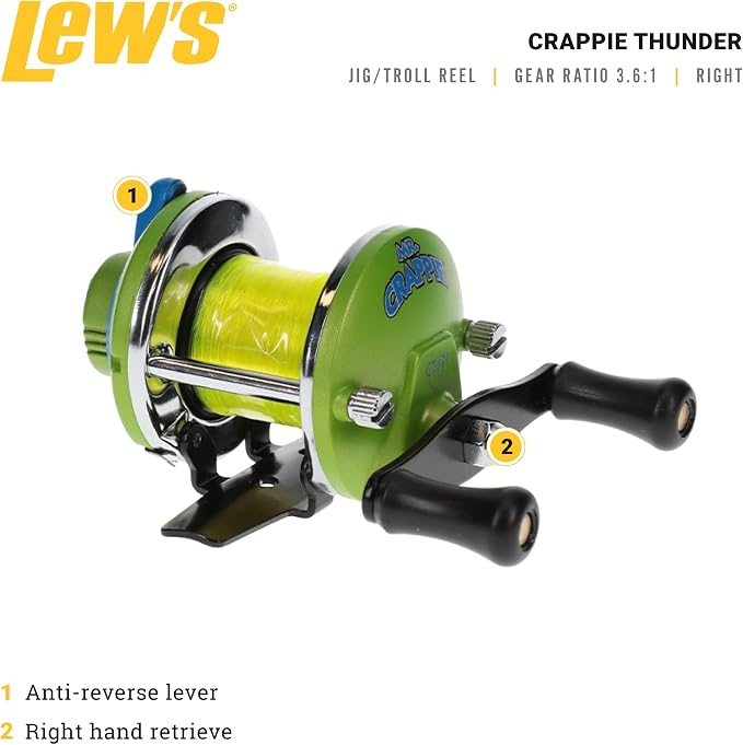 Lew's Crappie Thunder Jig/Troll Fishing Reel, 3.6:1 Gear Ratio, Right-Hand Retrieve, Crappie Thunder Green