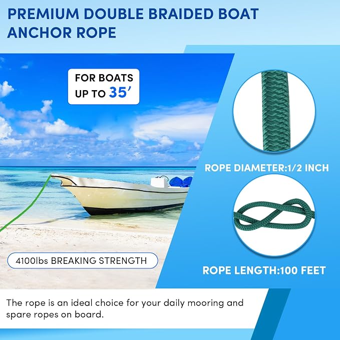Boat Anchor Rope 100 ft x 1/2 inch Forest Green, Double Braided Anchor Line with Stainless Steel Thimble & Shackle, Marine Rope Ideal for Towing,Mooring,Decks,Anchoring,for Boats Up to 35'