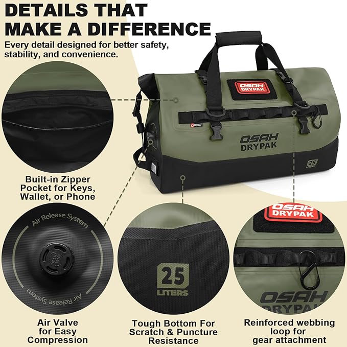 OSAH DRYPAK Waterproof Duffel Bag 25L/40L/60L – Heavy-Duty Motorcycle Tail Bag, Roll-Top Dry Bag for Travel, Camping, Boating, Kayaking, Outdoor Adventure
