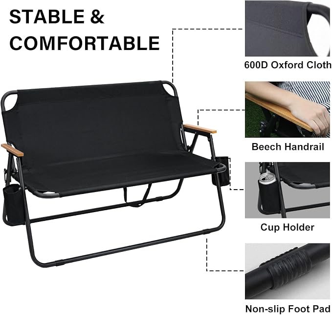 ptlsy Loveseat Camping Chair for Adults Heavy Duty Double Seat Camp Chair for 2 Person Suit for Indoor Outdoor Hiking Patio Beach (Black)