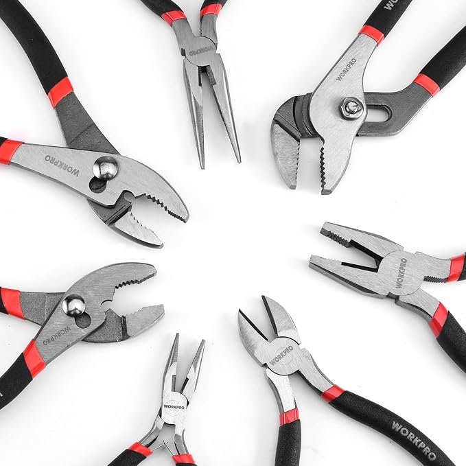 WORKPRO 7-piece Pliers Set with Groove Joint, Long Nose, Slip Joint, Linesman, and Diagonal Pliers for DIY & Home Use, Black