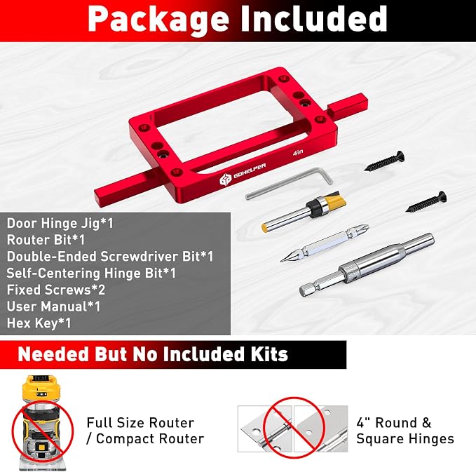 4" Fixed Size Door Hinge Jig for Door and Jamb, Aluminum Alloy Door Hinge Template Kit for Router, Mortise Jig Fits 4" Length 1/4" R, 5/8" R and Square Corner Hinges (4 in)