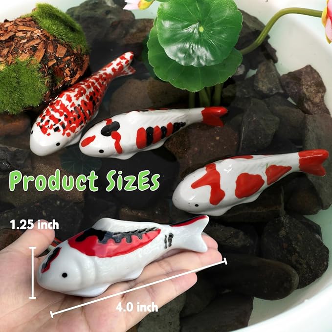 4PCS Ceramic Floating Koi Fish 4PCS Lotus Flowers Koi Pond Accessories Pond Decor Floating Aquarium Decor Birdbath Decor【Red Collection】