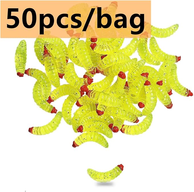 50pcs-1Inch Bass Fishing Worms Lures,Silicone Soft Maggot Baits Bread Worm Fishing Lure,5 Color