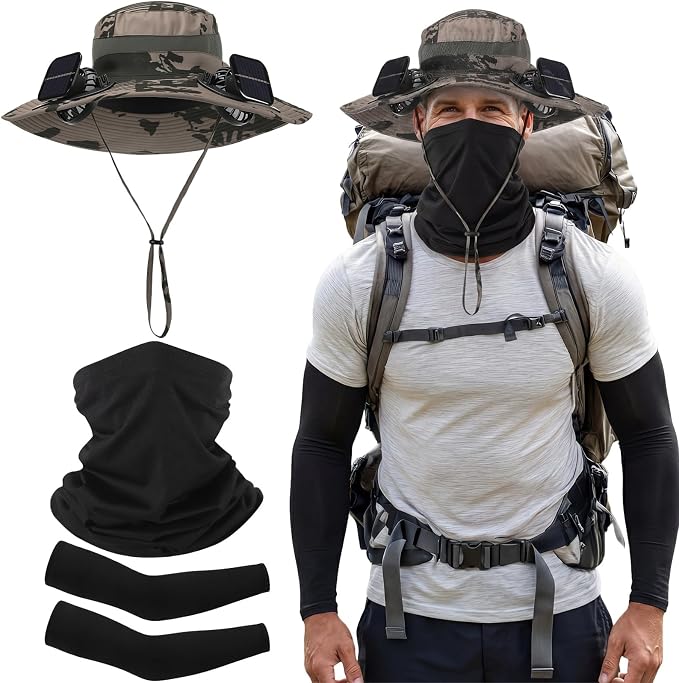 Syhood Solar Powered Fan Hat Neck Gaiter Arm Sleeves Sun Bucket Hat with Fan Cooling Wide Brim Hats for Fishing Hiking
