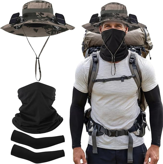 Syhood Solar Powered Fan Hat Neck Gaiter Arm Sleeves Sun Bucket Hat with Fan Cooling Wide Brim Hats for Fishing Hiking