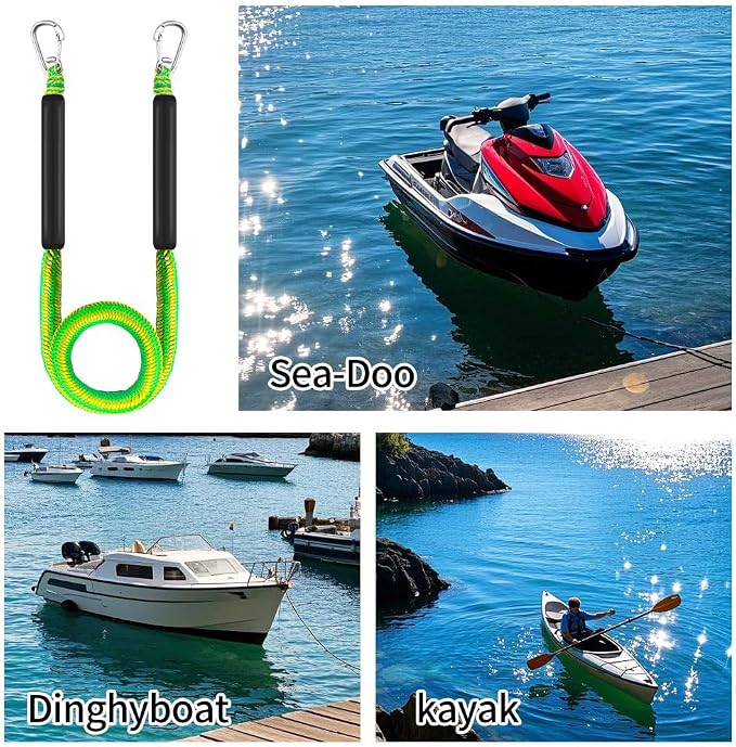 Bungee Boat Dock Line, Boat Rope with Double 316 Stainless Steel Clips Accessories for Bass Boat, Kayak, Pontoon, Watercraft, Waverunner, SeaDoo, Canoe,2Packs,4-6FT, Yellow&Green