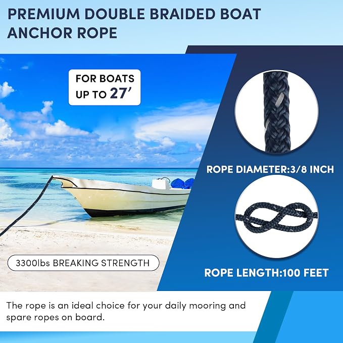 Anchor Rope 100 ft x 3/8 inch Navy Blue, Double Braided Anchor Line with Stainless Steel Thimble & Shackle, Boat Rope with Reflective Strip Ideal for Mooring,Anchoring,for Boats Up to 27'