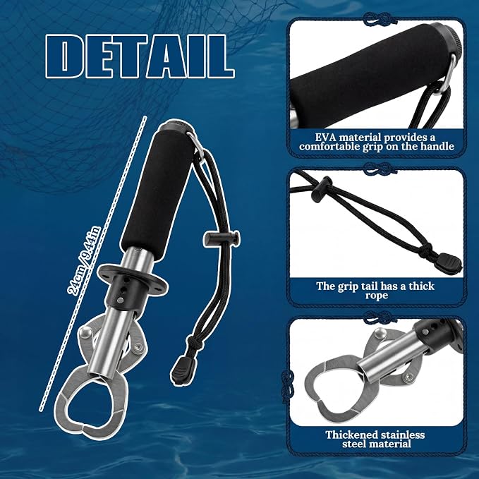Konohan 3 Pack Fish Lip Gripper with Scale 33lb Stainless Steel Fish Landing Tool with Non-Slip EVA Handle & Wrist Strap for Anglers Fishermen Fishing Bass Trout Pike Catch and Release