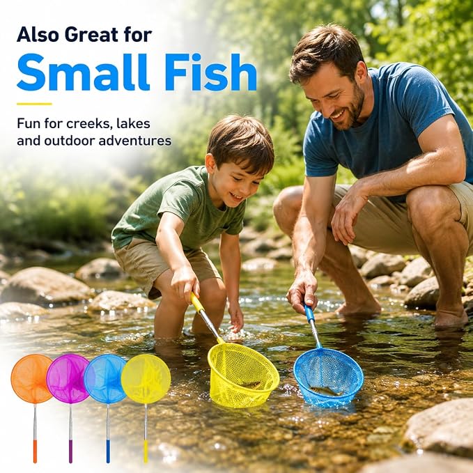Kids Telescopic Butterfly Fishing Nets - RAINFLOW Anti Slip Grip Butterfly Catcher Catching for Kids Insect Net Colorful Outdoor Tools Catching Bugs Fish Insect Ladybird, Extendable 34 inches