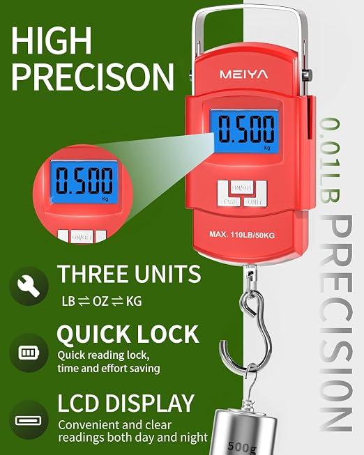 MEIYA Fish Scale 110lb Portable Luggage Scale Travel Digital Hanging Scale with Hook, Fishing Gifts for Men, Weighing Tool for Suitcases & Fish, Includes 2 AAA Batteries, Backlit LCD Display (Red)