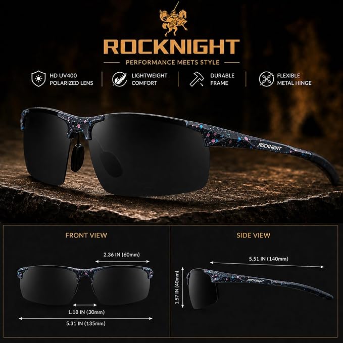 ROCKNIGHT Polarized Rectangular Sunglasses for Men Driving UV400 Protection Lightweight Al‑Mg Frame