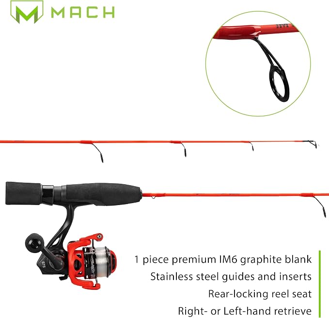 Lew's Mach Smash Ice Spinning Reel and Fishing Rod Combo, 1-Piece IM6 Graphite Blank, Right or Left-Hand Retrieve, Red/Black