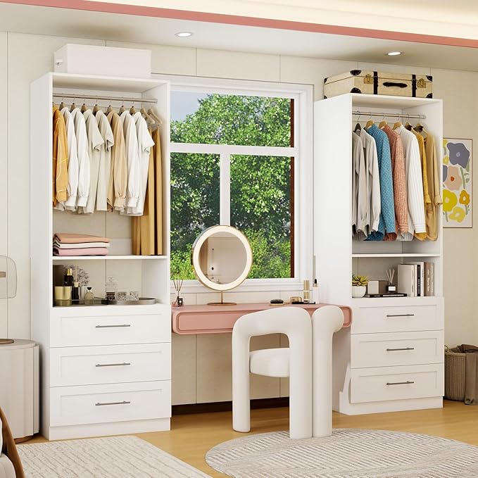 Closet System with Wooden Drawers, 2FT Closet Organize System with 3 Drawers & 2 Hanging Rods &for Walk in Closets, 24" Freestanding Closet System, White(2FT)