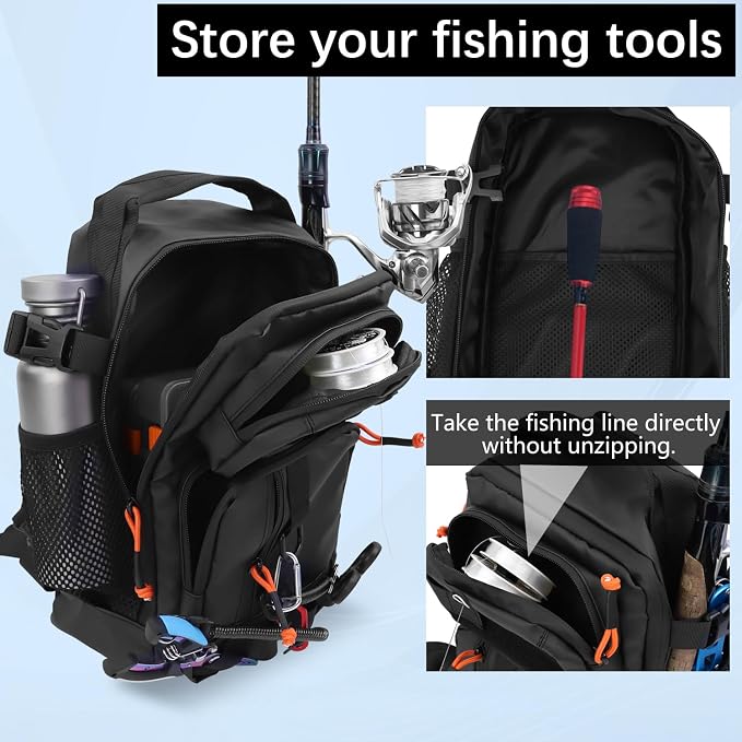 Fishing Backpack Tackle Storage Bag with 2 Tackle Boxes, Lightweight Outdoor Water-Resistant Fish Shoulder Bag with Rod Holder-Store Gear for Fishing(Black)