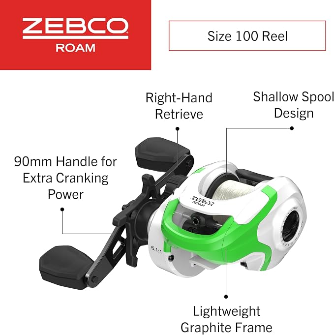 Zebco Roam Baitcast Reel and Fishing Rod Combo, 6-Foot 6-Inch 2-Piece Fiberglass Fishing Pole with Split-Grip MaxTac Rod Handle, Lightweight Graphite Frame, Right-Hand Retrieve