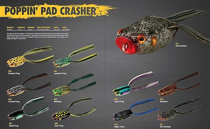 BOOYAH Poppin' Pad Crasher Topwater Bass Fishing Hollow Body Frog Lure with Weedless Hooks