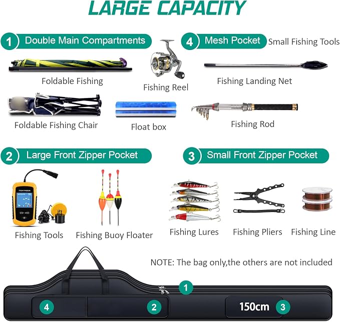 Fishing Rod Case with Fishing Tackle Box Portable Folding Rod Case Pole Reel Storage Bag Gears Organizer (150CM)