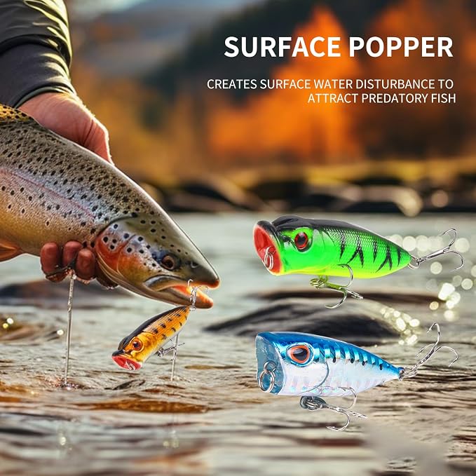 TSKS Fishing Artificial Lures Kit Mixed Including Front Diving Fin Minnow Surface Popper Crank Baits Pencil VIB with Hook and Soft Lures Accessories for Saltwater Freshwater Trout Bass Tackle Gift Set