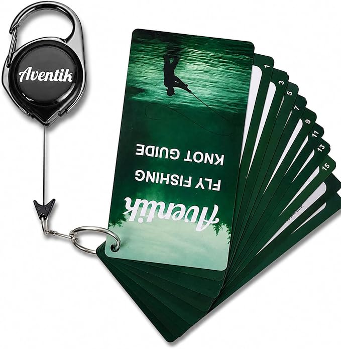 Aventik Fly Fishing Knot Tying Guide Cards with Zinger, Saltwater & Freshwater Laminated Reference, 4 Pro Setup Chains, 15 Essential Knots, Ruler & US Fishing Info QR, Fishing Gear Tool Gifts