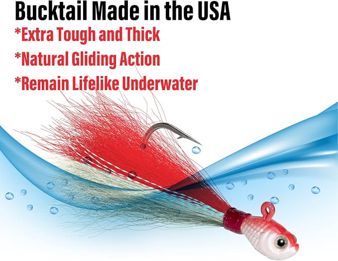 Dr.Fish 3 Pack Bucktail Jig Lure Hair Jig Saltwater Freshwater Lures Surf Fishing Bass Flounder Striper Bluefish Halibut Redfish