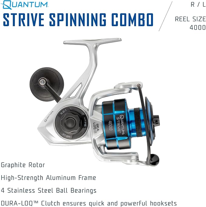 Quantum Strive Spinning Reel and Fishing Rod Combo, Graphite Composite Blank, 4+1 Bearings, Silver/Blue
