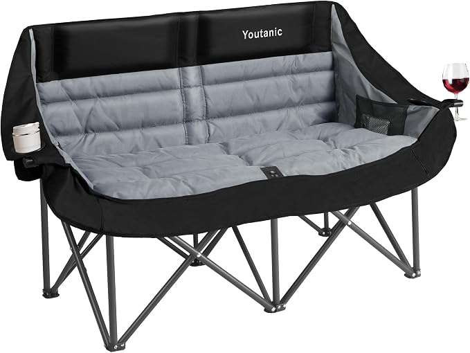 Youtanic Oversized Extra Large Double Padded Camping Chair up to 660lbs, Folding Loveseat Camp Couch with Pocket, Carry Bag, Portable Camping Chairs for Adults, Fishing, Sports, Trip, Black