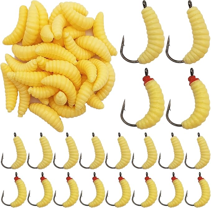 Rubber Maggots Fishing Bait, 20 Pcs Fishing Baits with Hooks + 30 Pcs Soft Maggot Bait Bread Worm, Fish Lures Worms Bulk FishGrubs for Trout, Crappie, Pan Fish, Bluegill, 50 Pack