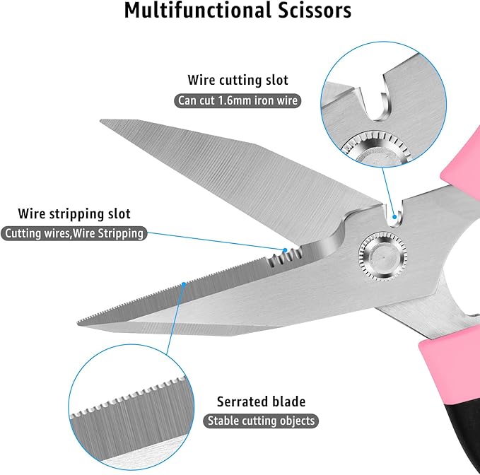 BoFuYuan 8-Inch Utility Scissors All Purpose Heavy Duty, Serrated Blade, Pink Comfort Grip for Cutting Carpet, Cardboard, Leather, Fabric, Multipurpose Sharp Shears for Kitchen, Garden, Office, Carft