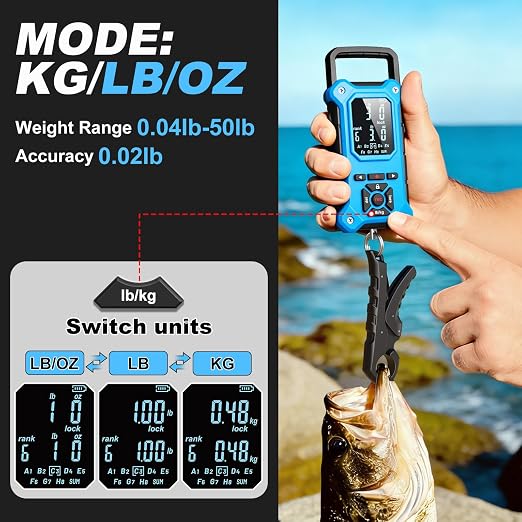 SNAIL TRAIL 8 Storage Bins Digital Fishing Scale & Lip Gripper with Auto-Rank, Large & High Contrast Backlit LCD Display, Multi-Mode(LB, LB-OZ, KG), 50 lbs Tournament Bass Fish Weigher, Gift for Men