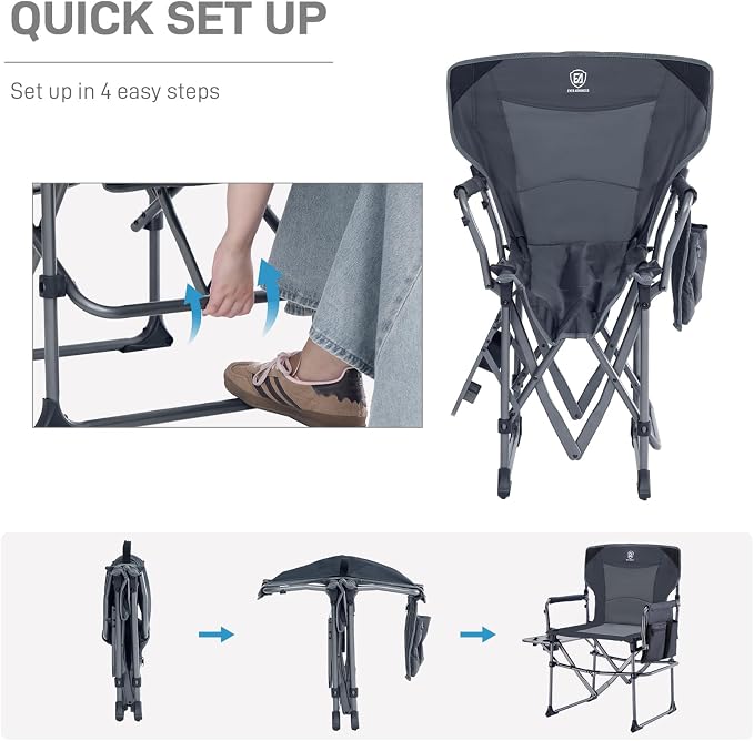 EVER ADVANCED Camping Directors' Chair with Side Table, Portable Folding Chair with Compact Size, Heavy Duty Lawn with Pocket for Camping, Lawn, Sports and Fishing, 400lbs, Grey