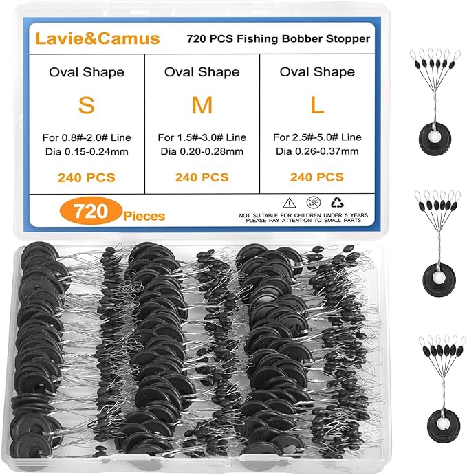 Lavie&Camus 720PCS Fishing Bobber Stopper, Oval Floats Sinker Stops, 6 in 1 Black Rubber Bobber Stops, L M S Size Float Stop Kit