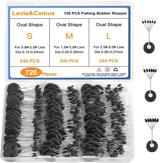 Lavie&Camus 720PCS Fishing Bobber Stopper, Oval Floats Sinker Stops, 6 in 1 Black Rubber Bobber Stops, L M S Size Float Stop Kit