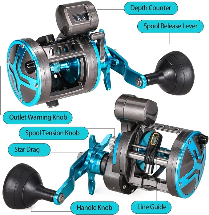 Burning Shark Baitcasting Fishing Reel, Smooth Powerful Round Baitcaster Reel, Saltwater Inshore Surf Trolling Reel, Conventional Reel for Catfish, Musky, Bass, Pike