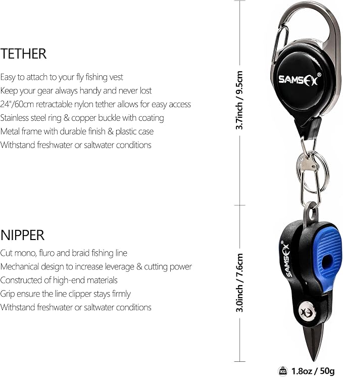 SAMSFX Fishing Nipper with Retractable Tether, Stainless Steel Blades that Cut Braid, Mono and Fluoro Lines, SNIP, Fishing Line Cutters (Red)