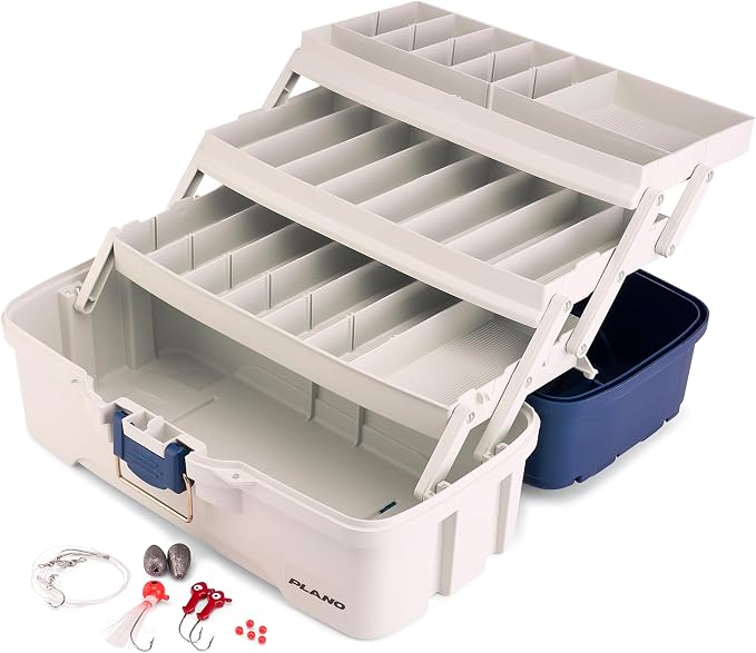 Plano Three-Tray Tackle Box Striper Kit, Blue/Grey, Rust-Proof Brass Latch, Top-Access Tray Compartments with Deep Storage, Made in the USA, Portable Fishing Gear Storage Organizer