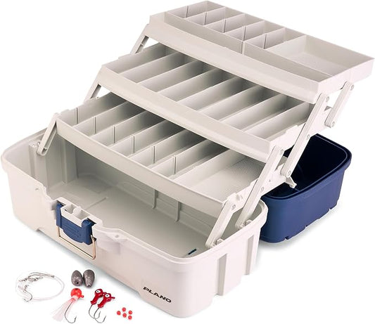 Plano Three-Tray Tackle Box Striper Kit, Blue/Grey, Rust-Proof Brass Latch, Top-Access Tray Compartments with Deep Storage, Made in the USA, Portable Fishing Gear Storage Organizer