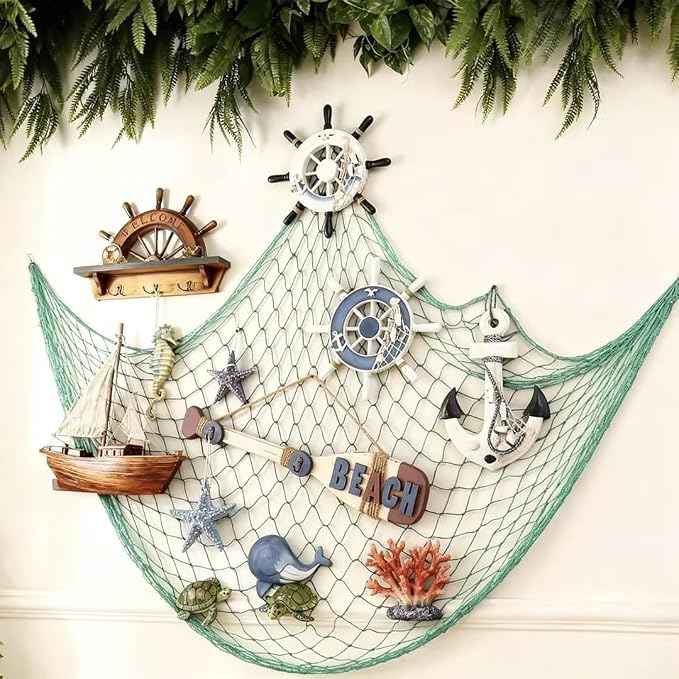 2 Pack Decorative Fishing Net, Large 5x10 ft Green Decor Fishnet for Hanging Stuffed Animals & Party Decorations, Nautical Netting for Birthday, Baby Shower, Pirate, Mermaid, Hawaii, Ocean Theme Party