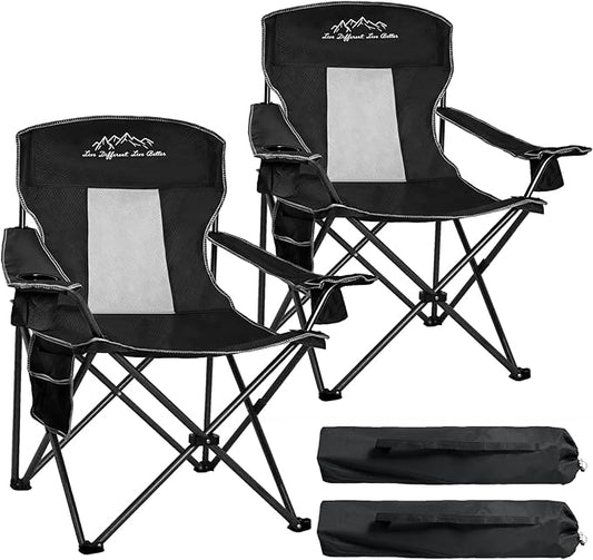 2PCS Collapsible Folding Camping Chairs Heavy Duty Lawn Foldable Chair with Cooler Bag, Storage Pocket, Waterproof Bag Outdoor Arm Sport Chair, Supports 325LBS, Black