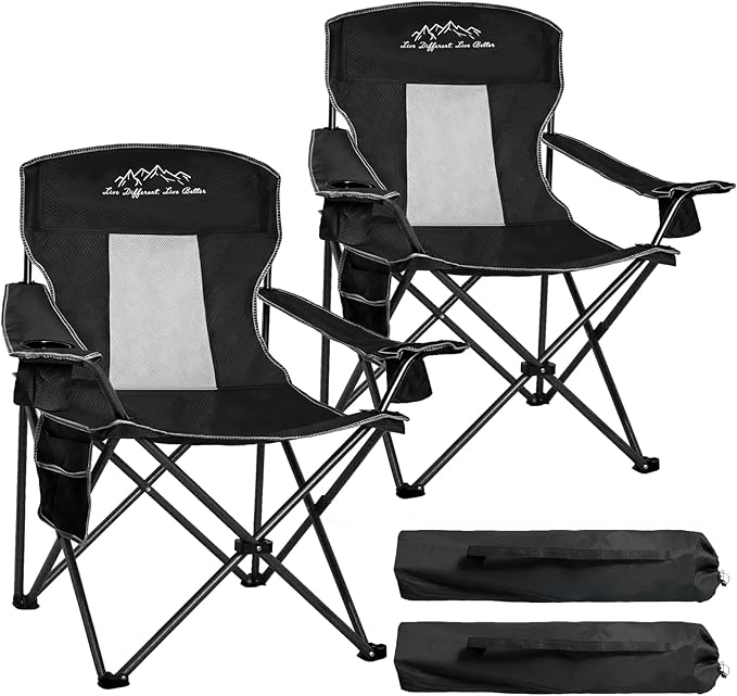 Outdoor Folding Camping Chair with Cup Holder, Storage Bag, Large Anti-Sink Feet, 400lbs Capacity, 2 Pack Breathable Mesh Portable Chair for Camping, Beach, Fishing, Sports, Black 2Pack