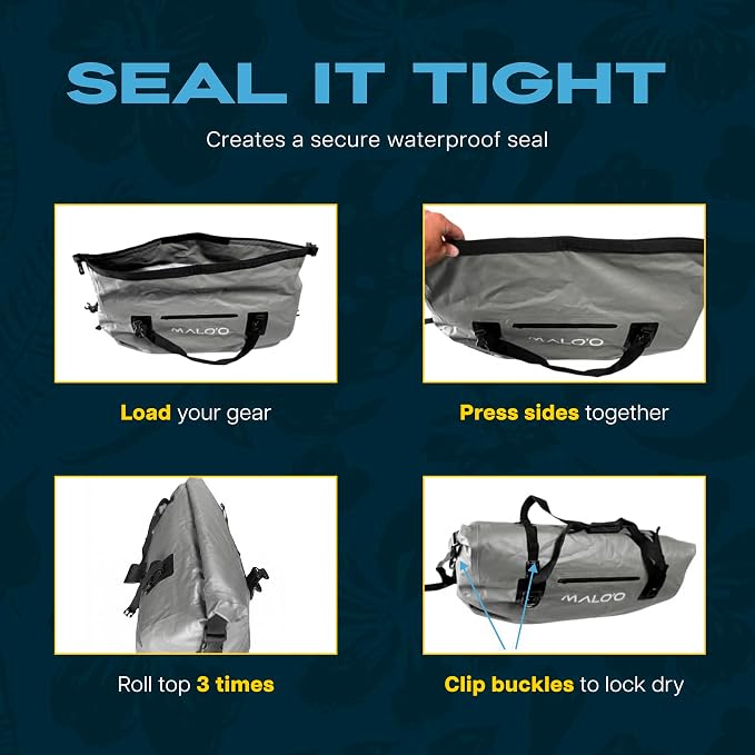 Malo’o Waterproof Dry Duffel, Heavy-Duty Roll Top Waterproof Gear Bag with Shoulder Strap & Molle Loops, Marine Duffel for Kayaking, Boating, Camping, Beach & Travel, Grey, 60L