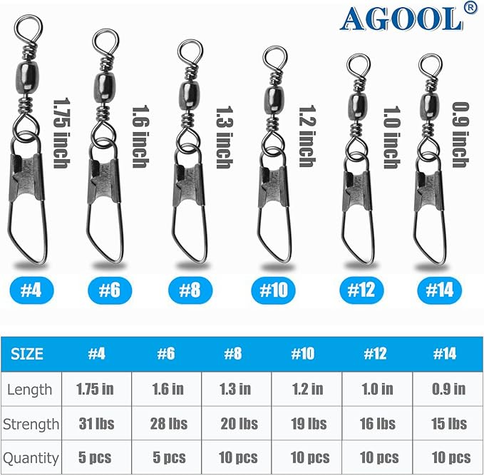 AGOOL Barrel Swivel Snap Kit - 50pcs Barrel Swivels with Safety Snaps High Strength Fishing Quick Connect Snap Swivels with Solid Ring Fishing Tackle Accessories Box Kit Size 4#,6#,8#,10#,12#,14#