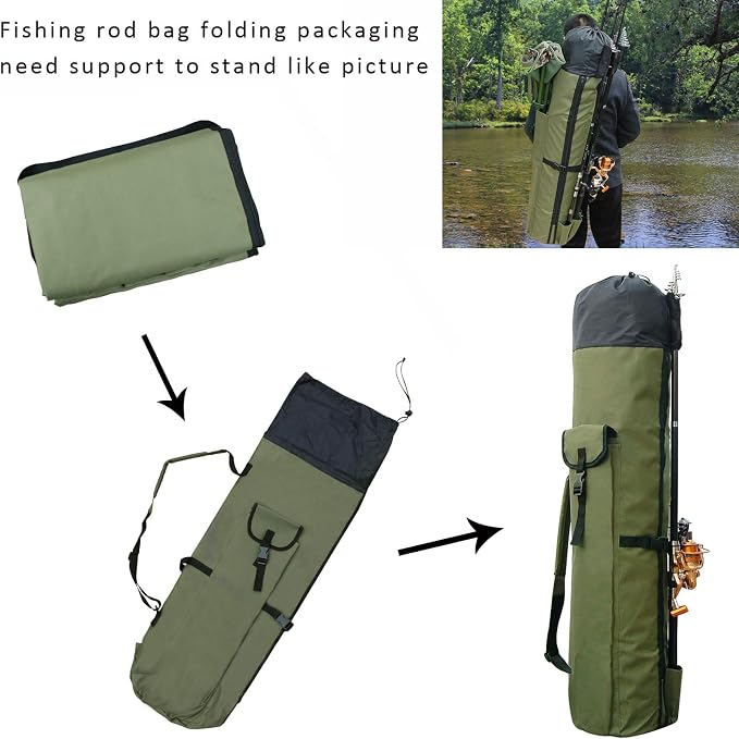 Fishing Pole Bag with Rod Holder Canvas Carrier Bag Fishing Rod Reel Organizer Bag Foldable Fishing Tackle Storage Bag Travel Case Fishing Gifts for Men